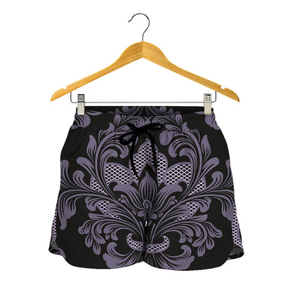 Black And Purple Damask Pattern Print Women's Shorts