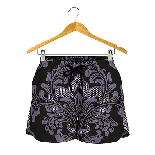 Black And Purple Damask Pattern Print Women's Shorts