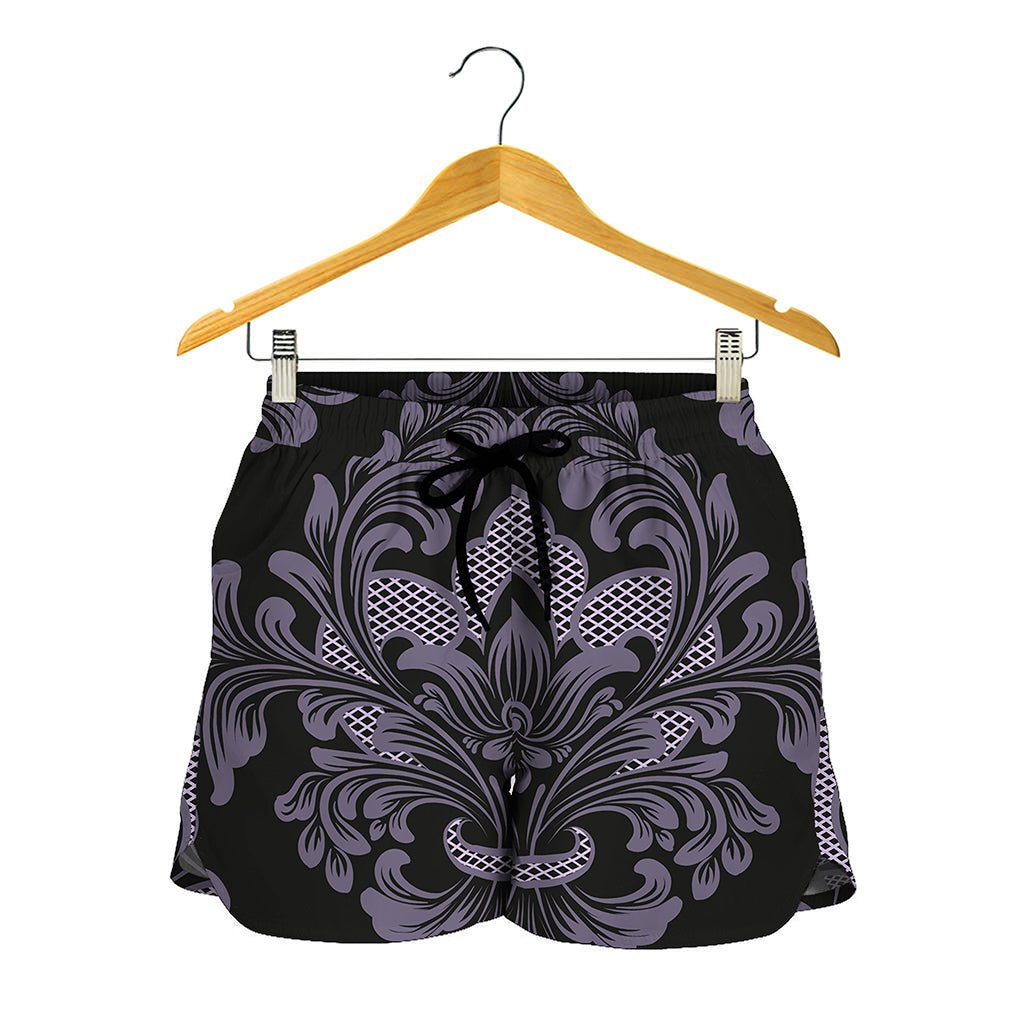 Black And Purple Damask Pattern Print Women's Shorts