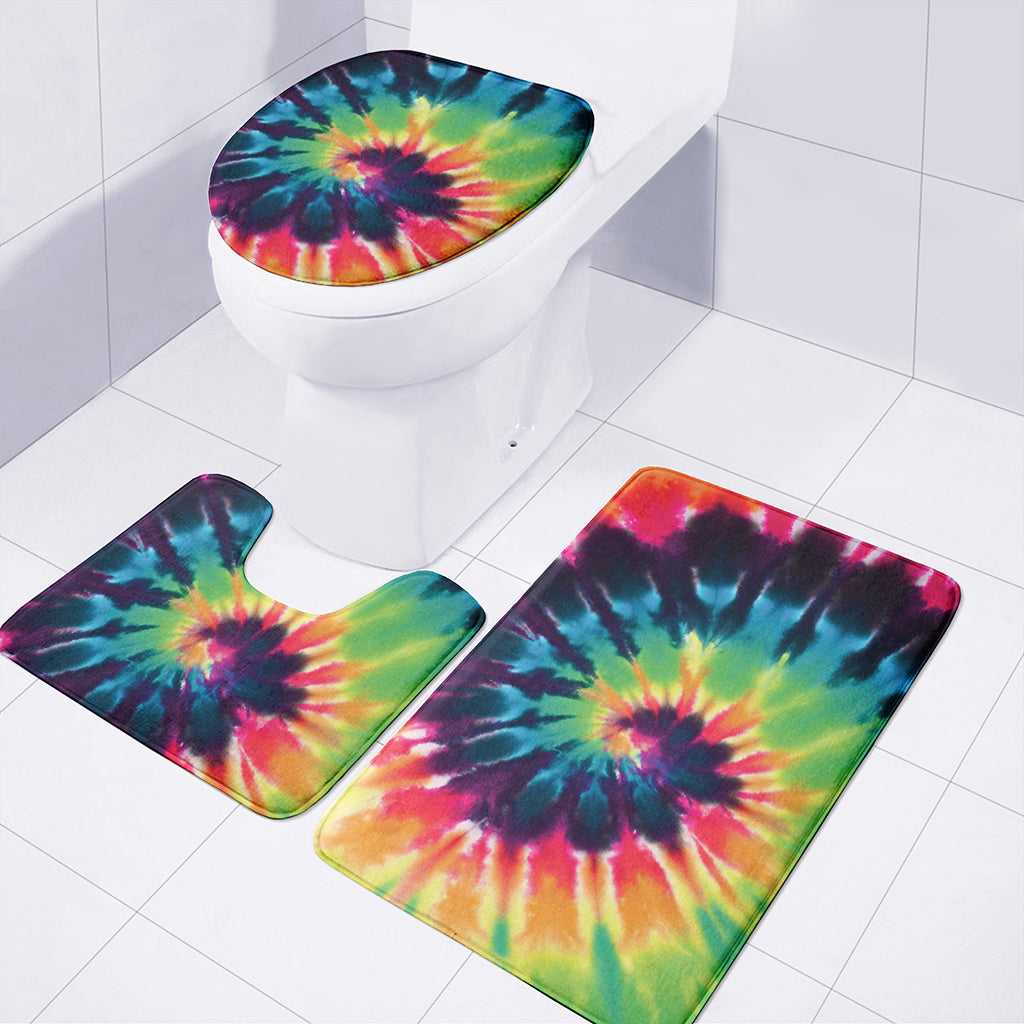 Black And Rainbow Tie Dye Print 3 Piece Bath Mat Set