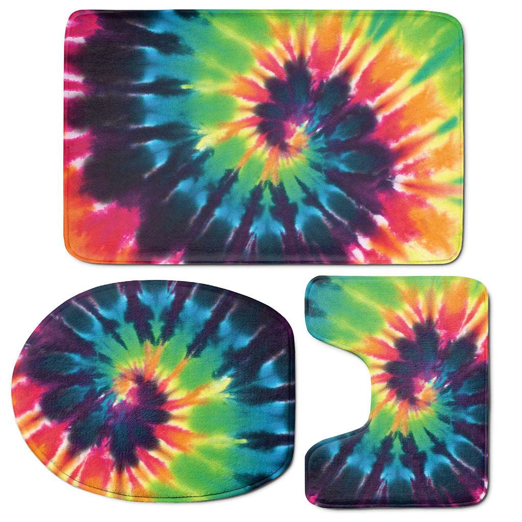 Black And Rainbow Tie Dye Print 3 Piece Bath Mat Set
