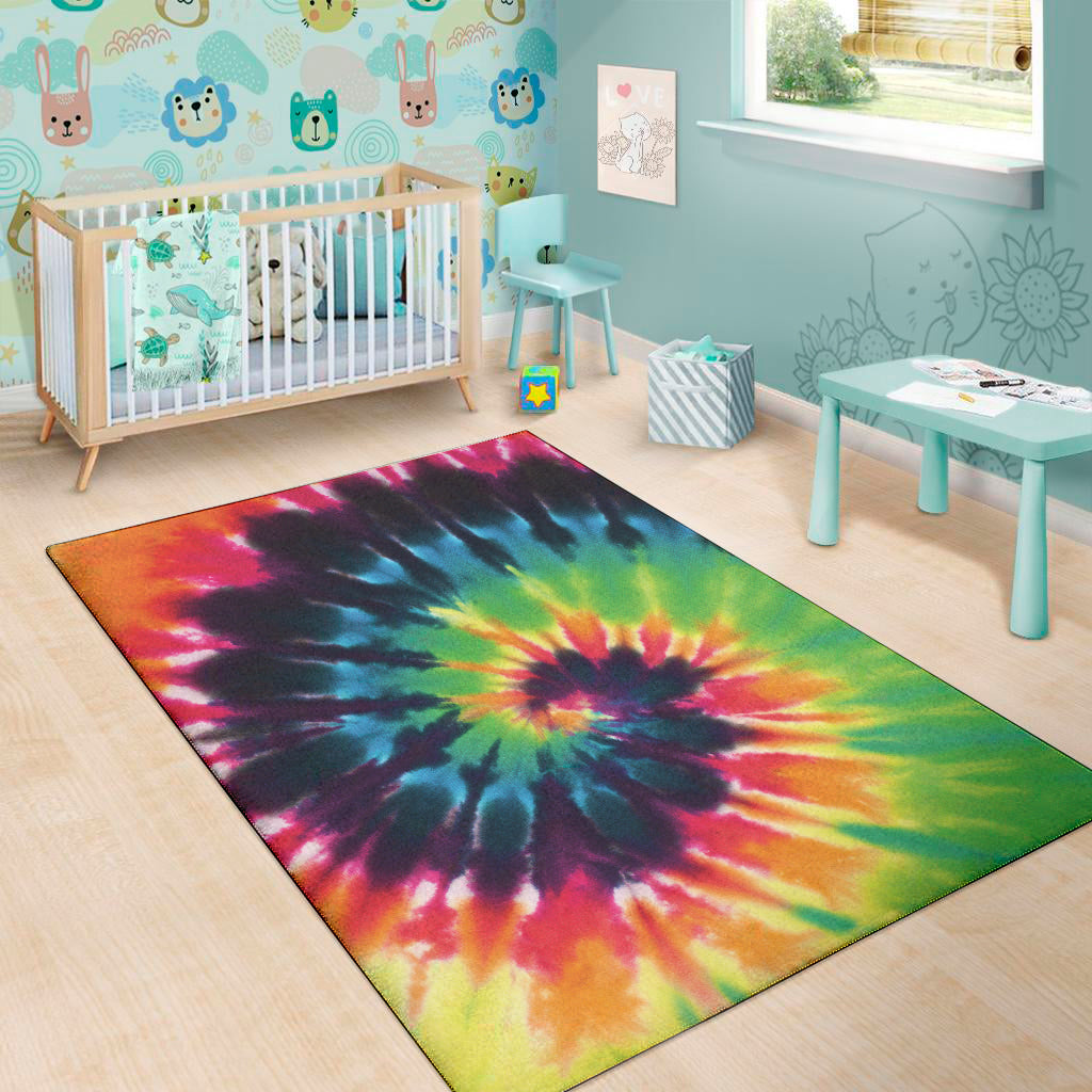 Black And Rainbow Tie Dye Print Area Rug