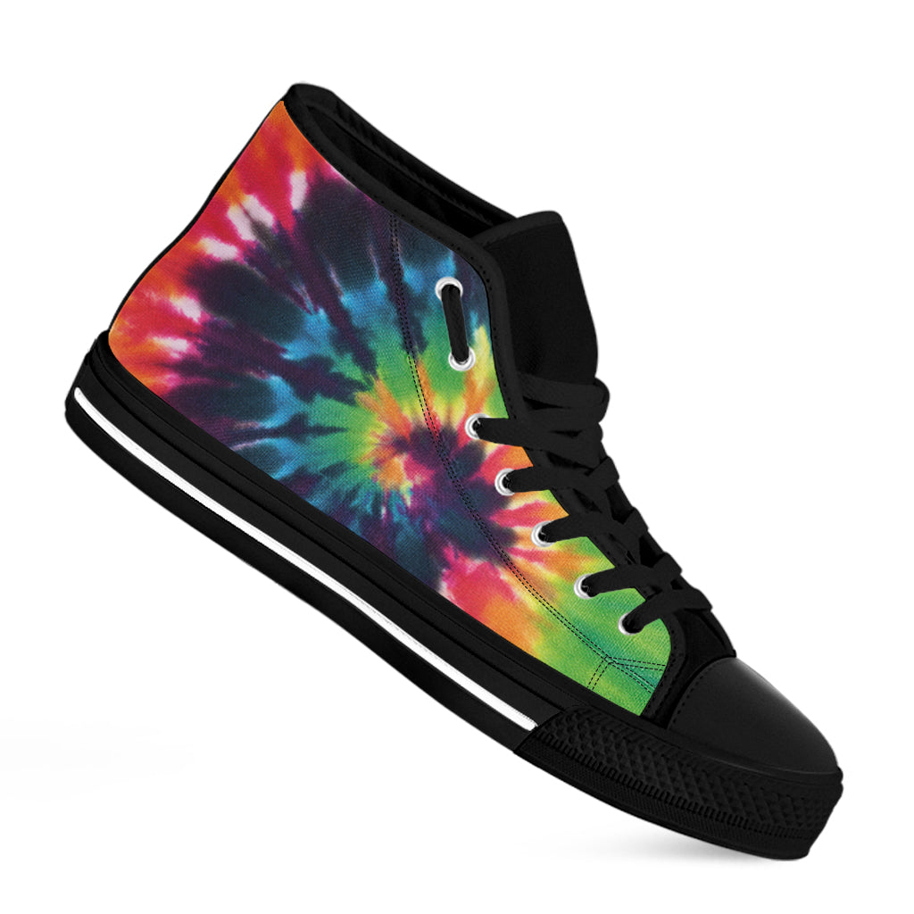 Black And Rainbow Tie Dye Print Black High Top Shoes