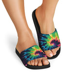 Black And Rainbow Tie Dye Print Black Slide Sandals