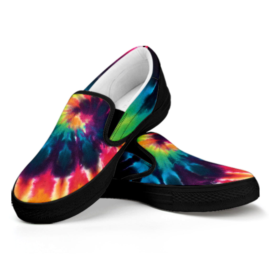 Black And Rainbow Tie Dye Print Black Slip On Shoes