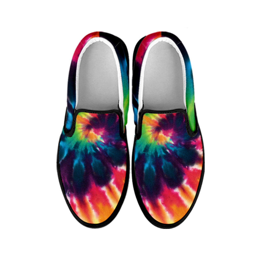 Black And Rainbow Tie Dye Print Black Slip On Shoes