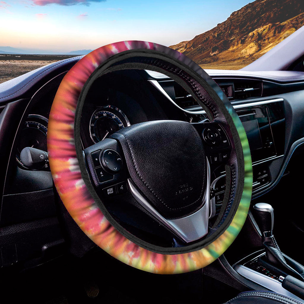 Black And Rainbow Tie Dye Print Car Steering Wheel Cover