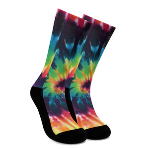 Black And Rainbow Tie Dye Print Crew Socks