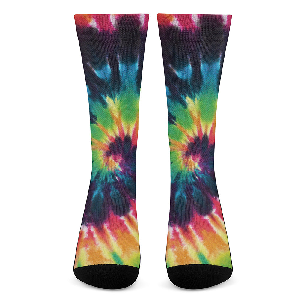 Black And Rainbow Tie Dye Print Crew Socks