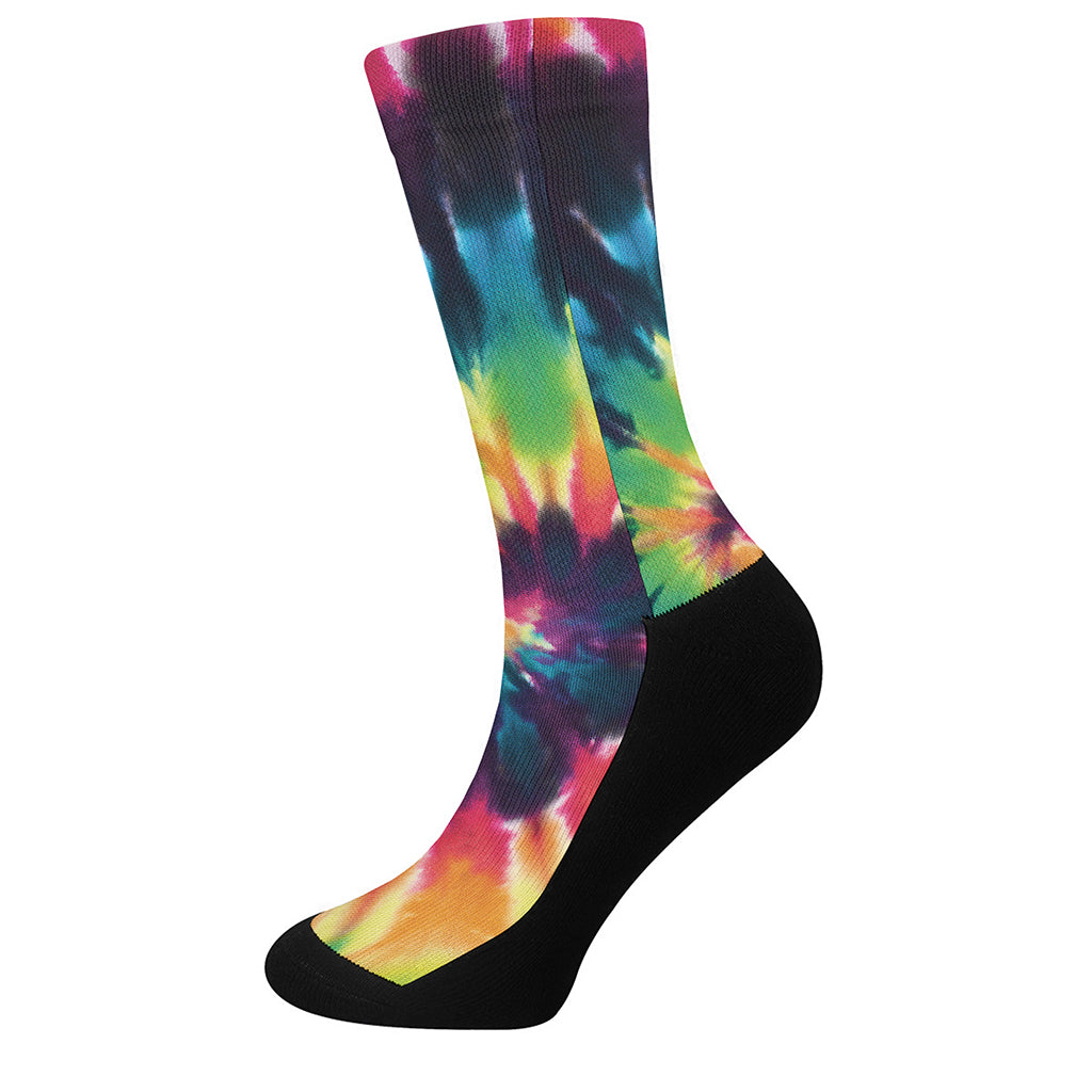 Black And Rainbow Tie Dye Print Crew Socks