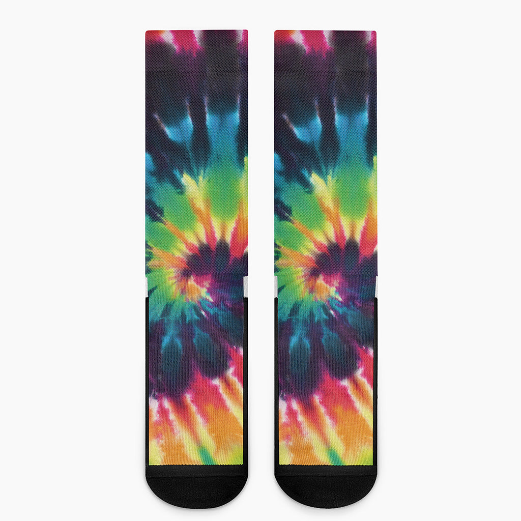 Black And Rainbow Tie Dye Print Crew Socks