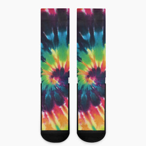 Black And Rainbow Tie Dye Print Crew Socks