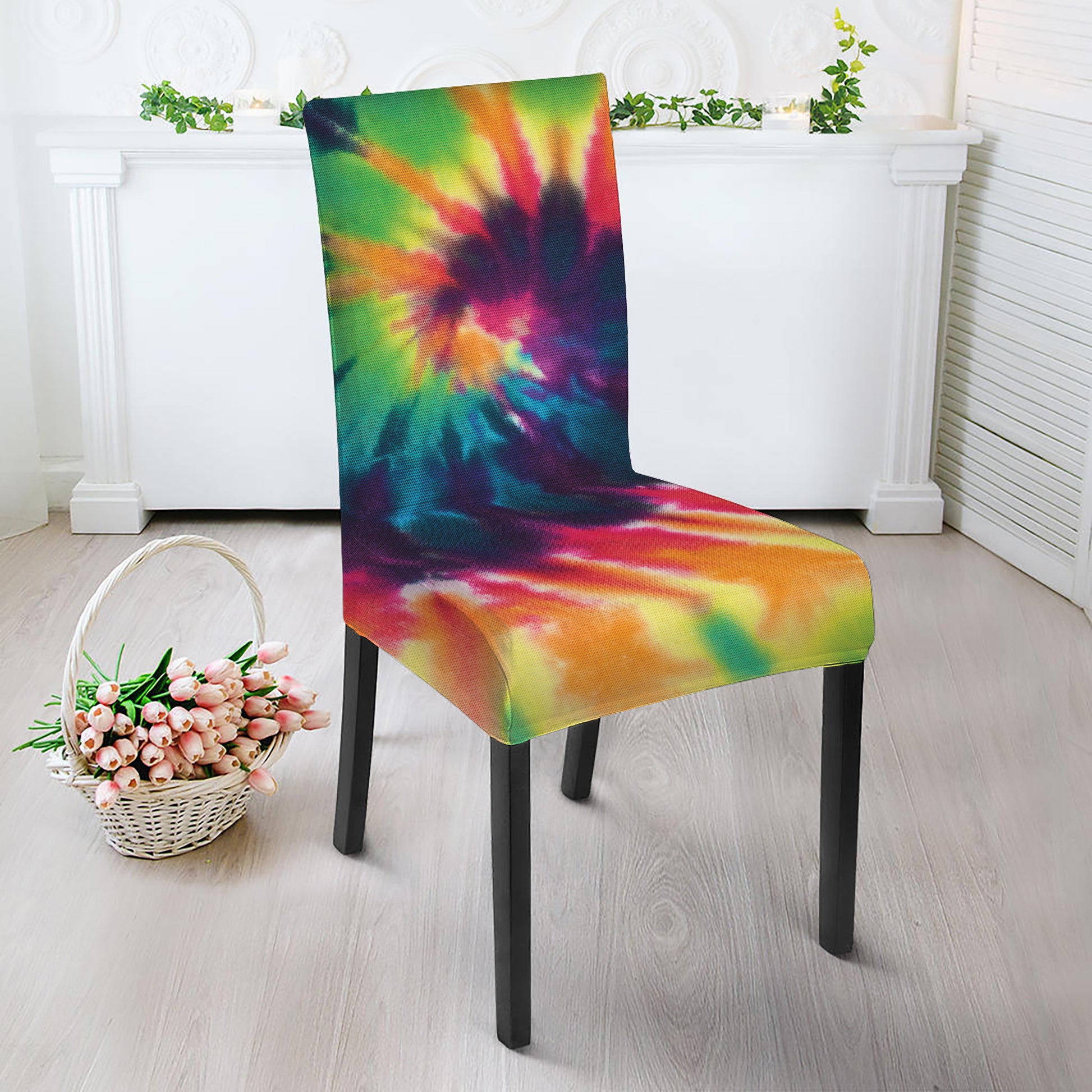 Black And Rainbow Tie Dye Print Dining Chair Slipcover