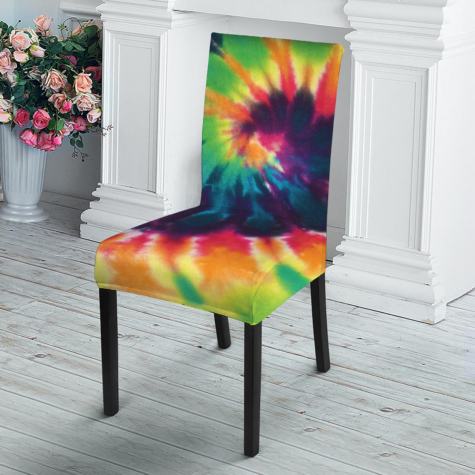 Black And Rainbow Tie Dye Print Dining Chair Slipcover