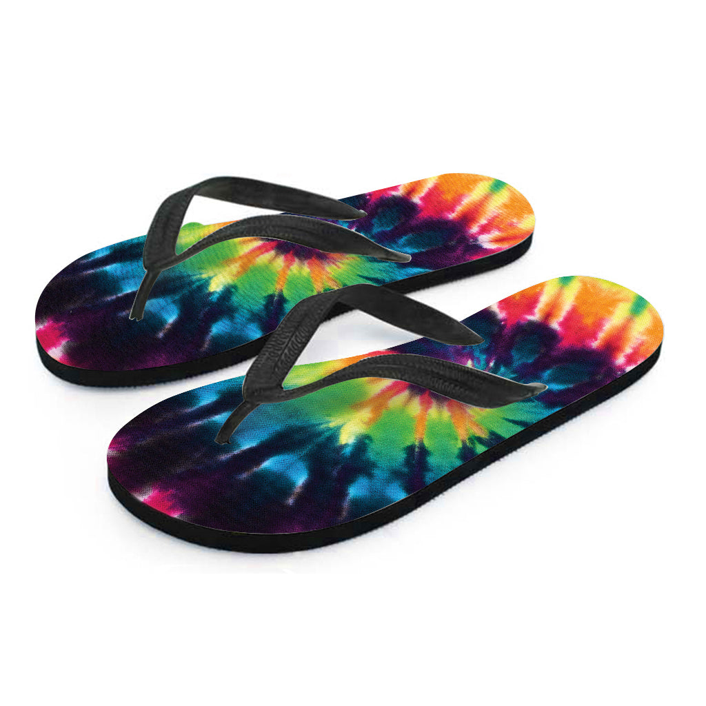 Black And Rainbow Tie Dye Print Flip Flops