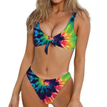 Black And Rainbow Tie Dye Print Front Bow Tie Bikini