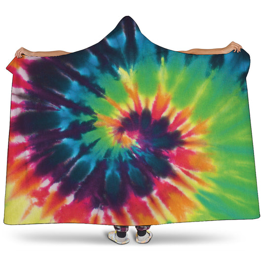 Black And Rainbow Tie Dye Print Hooded Blanket