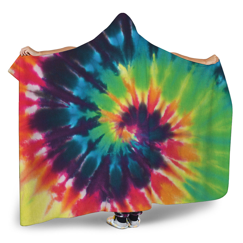 Black And Rainbow Tie Dye Print Hooded Blanket