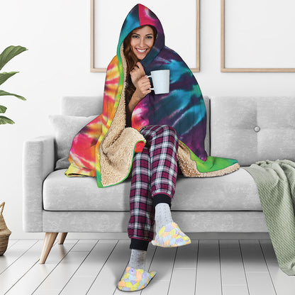 Black And Rainbow Tie Dye Print Hooded Blanket