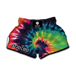 Black And Rainbow Tie Dye Print Muay Thai Boxing Shorts