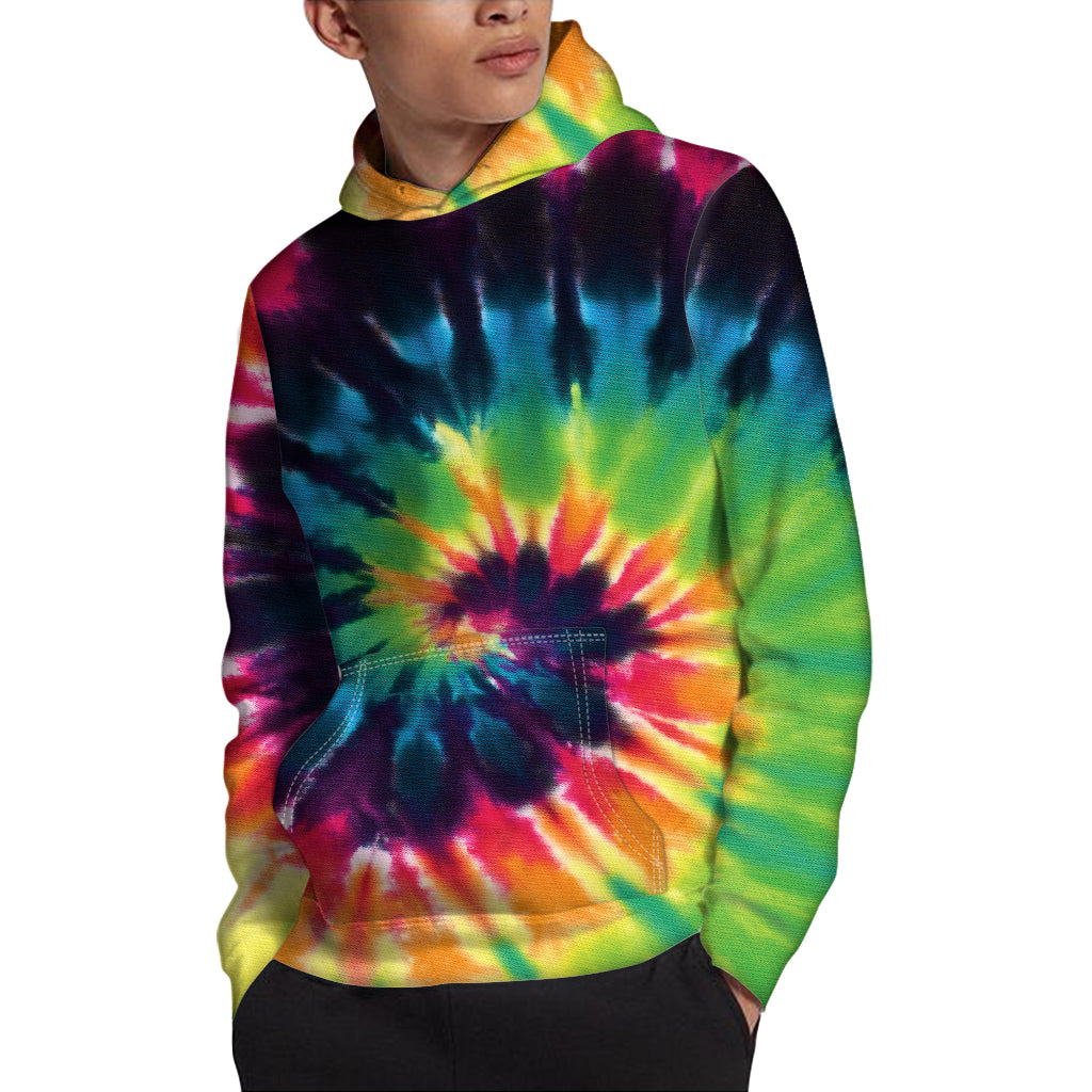 Black And Rainbow Tie Dye Print Pullover Hoodie