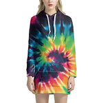 Black And Rainbow Tie Dye Print Pullover Hoodie Dress