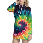 Black And Rainbow Tie Dye Print Pullover Hoodie Dress