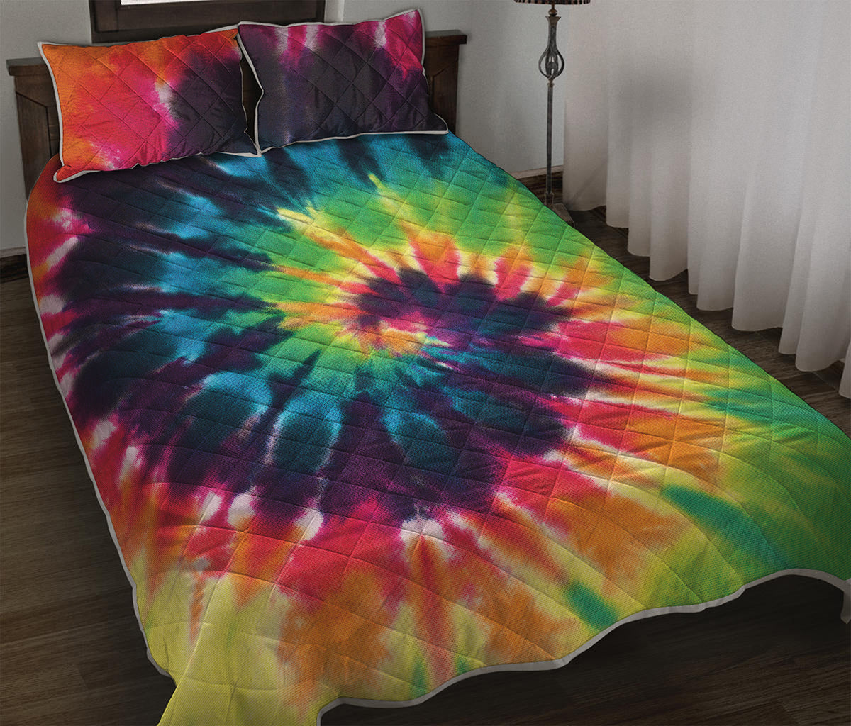 Black And Rainbow Tie Dye Print Quilt Bed Set