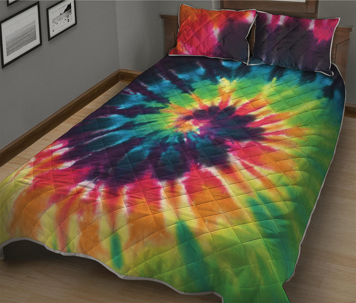 Black And Rainbow Tie Dye Print Quilt Bed Set