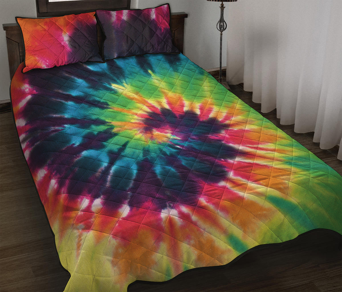 Black And Rainbow Tie Dye Print Quilt Bed Set