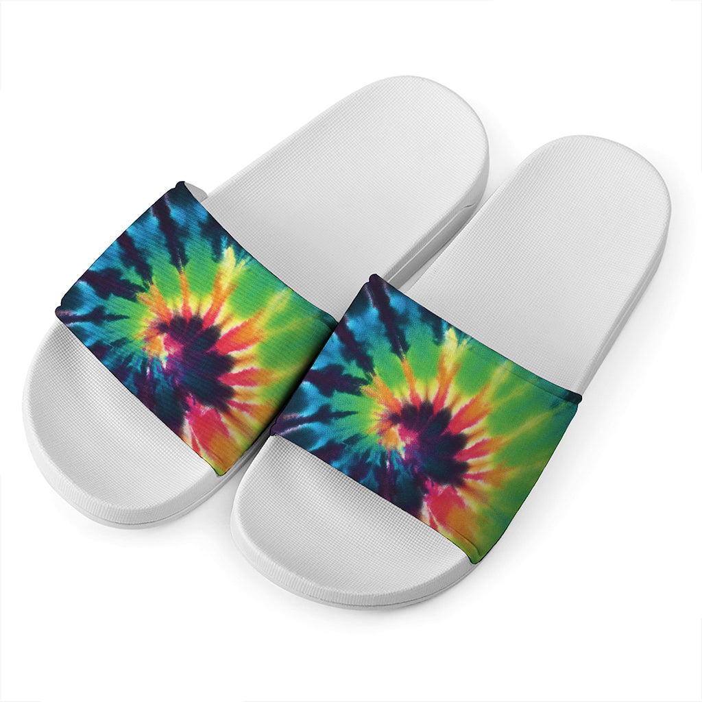 Black And Rainbow Tie Dye Print White Slide Sandals