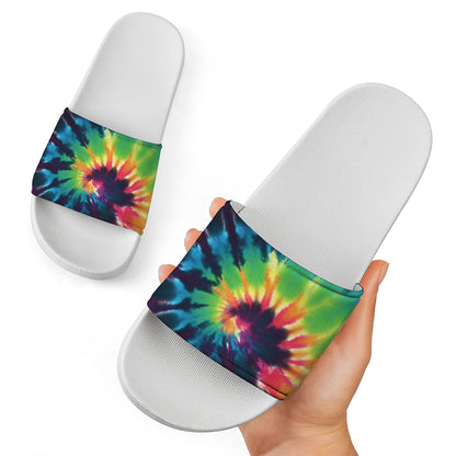 Black And Rainbow Tie Dye Print White Slide Sandals
