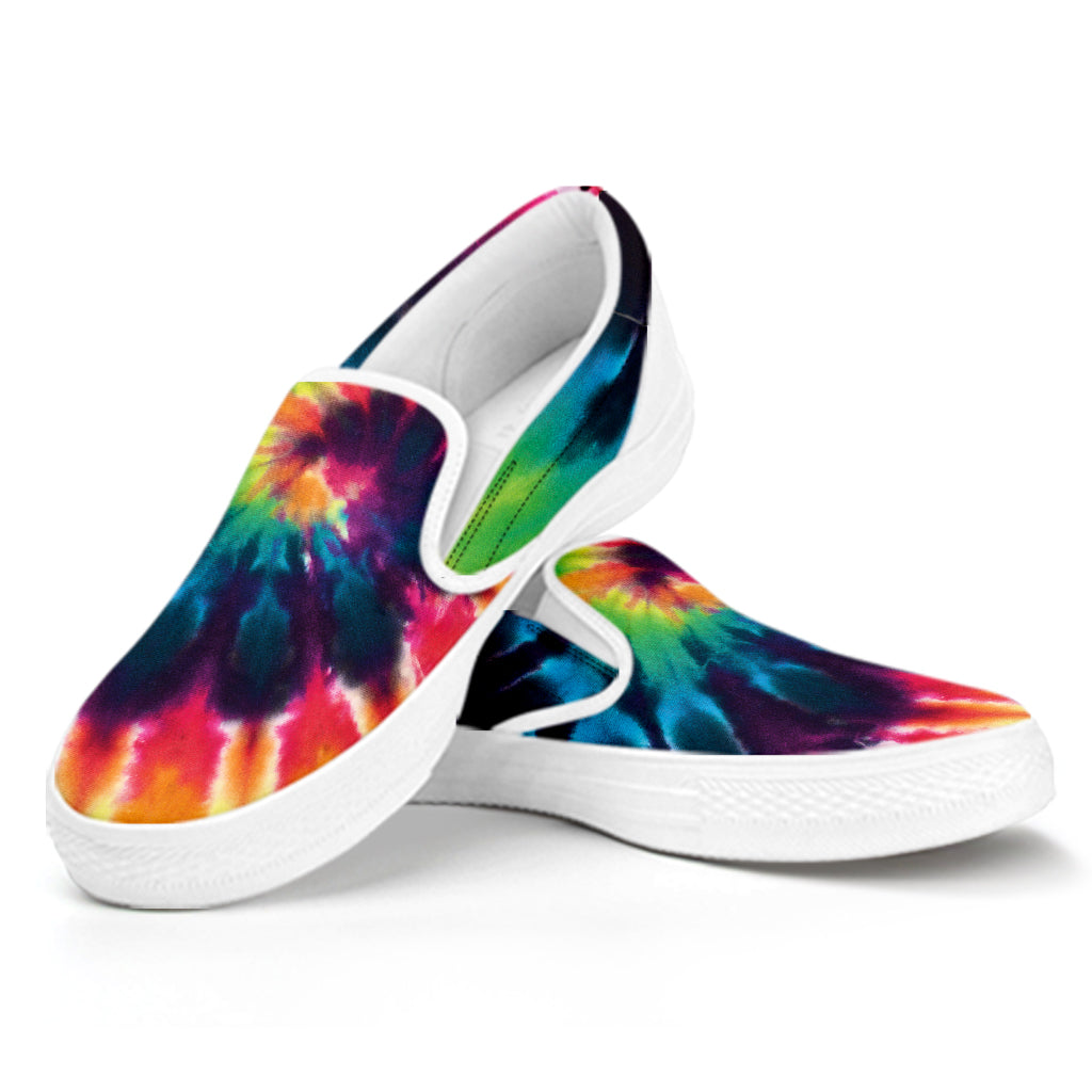 Black And Rainbow Tie Dye Print White Slip On Shoes