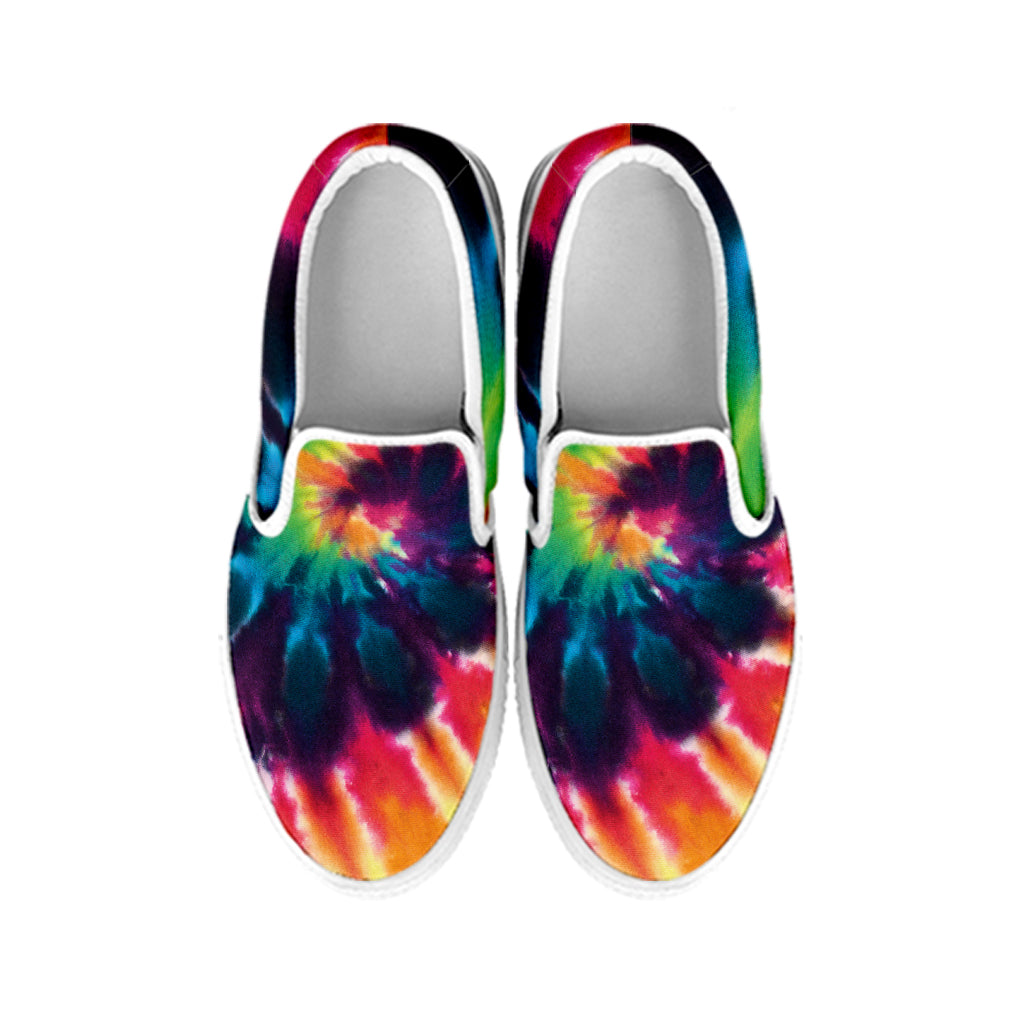 Black And Rainbow Tie Dye Print White Slip On Shoes