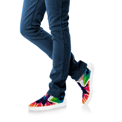 Black And Rainbow Tie Dye Print White Slip On Shoes