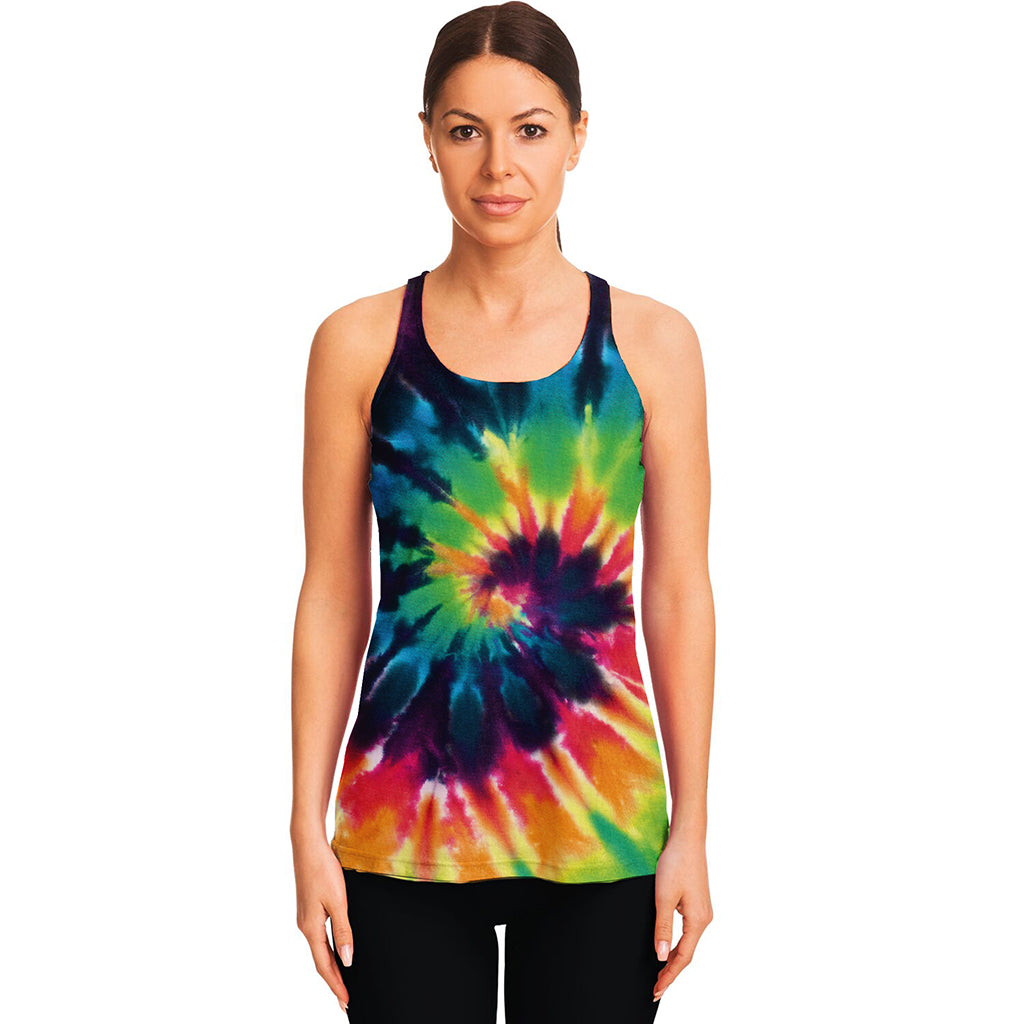 Black And Rainbow Tie Dye Print Women's Racerback Tank Top