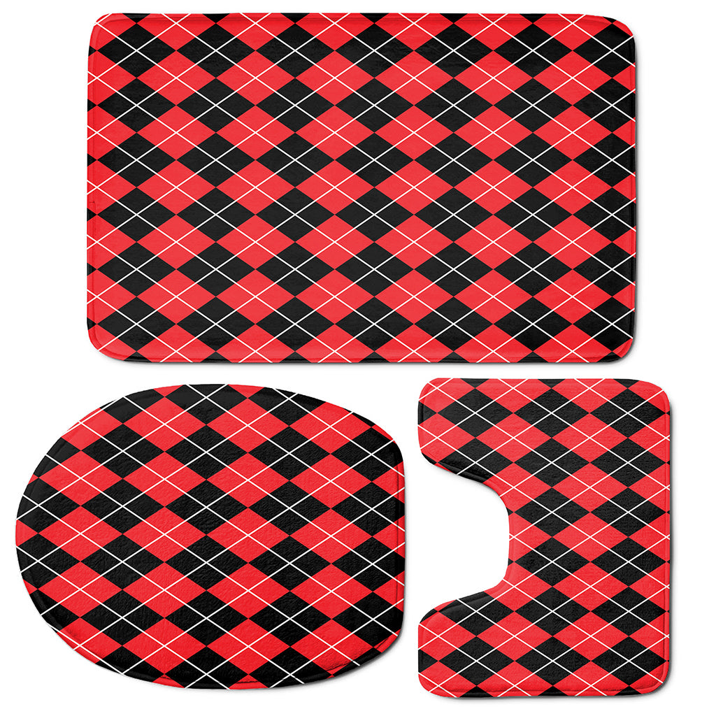 Black And Red Argyle Pattern Print 3 Piece Bath Mat Set
