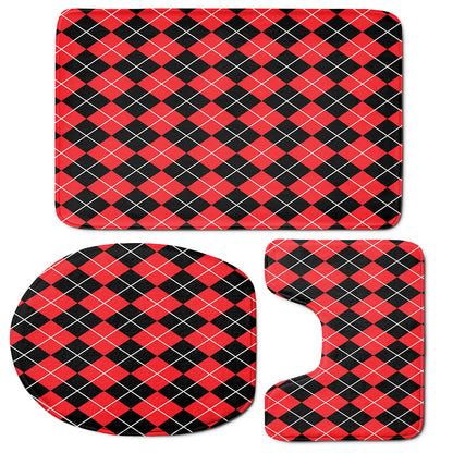 Black And Red Argyle Pattern Print 3 Piece Bath Mat Set
