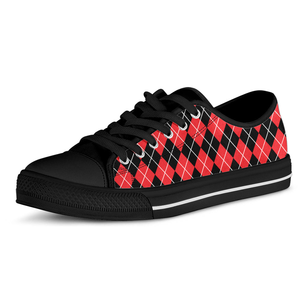 Black And Red Argyle Pattern Print Black Low Top Shoes