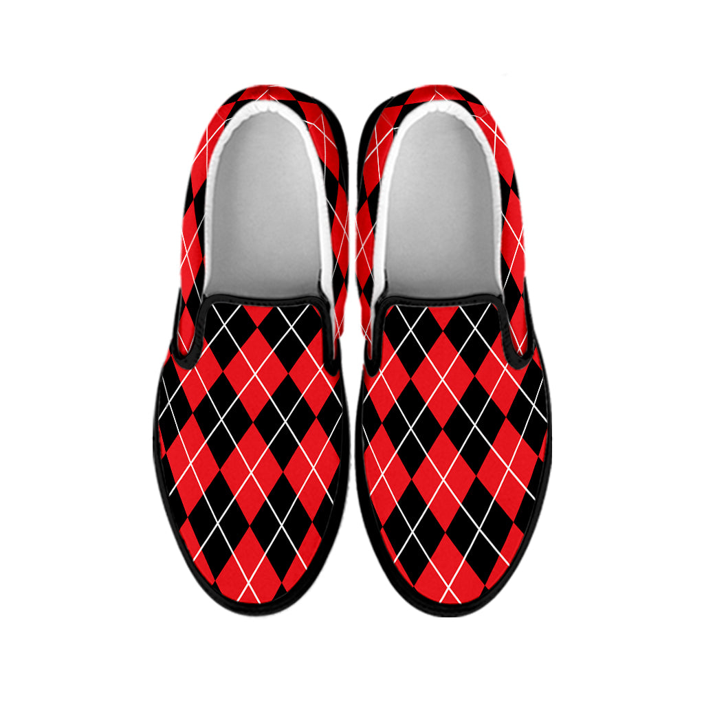 Black And Red Argyle Pattern Print Black Slip On Shoes