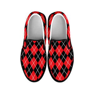 Black And Red Argyle Pattern Print Black Slip On Shoes