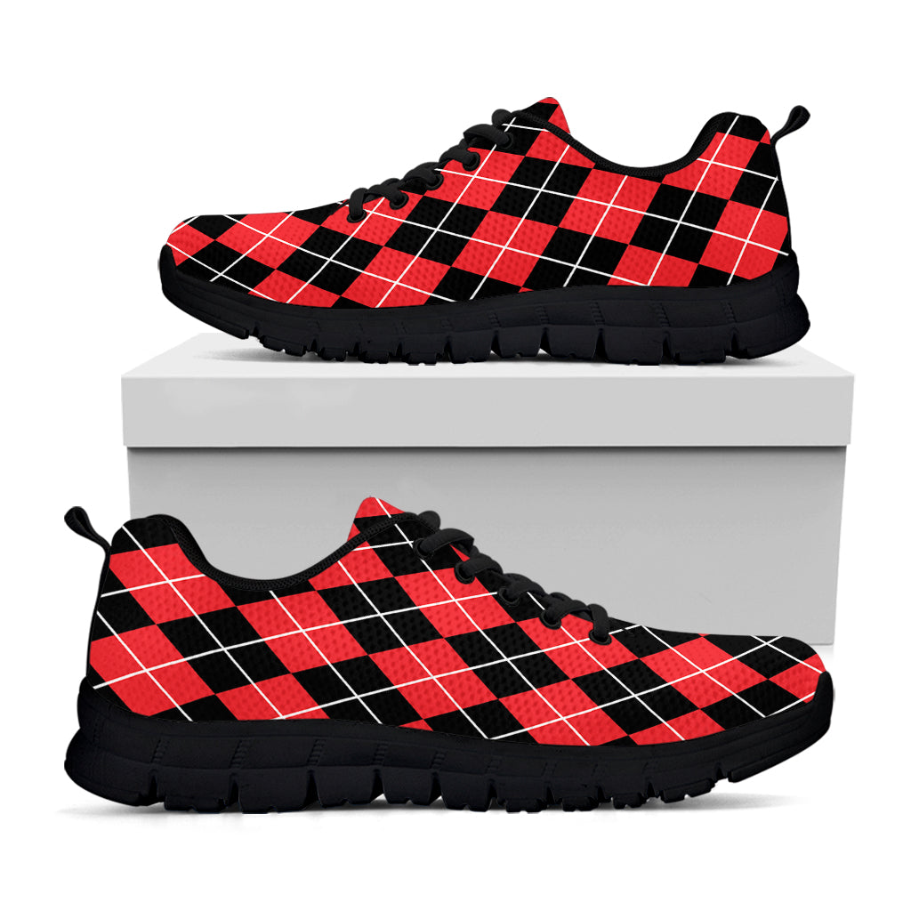 Black And Red Argyle Pattern Print Black Sneakers