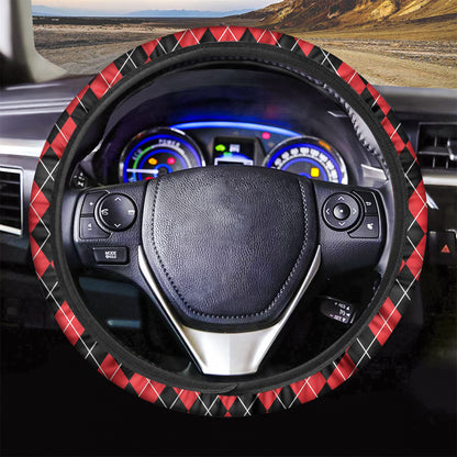 Black And Red Argyle Pattern Print Car Steering Wheel Cover