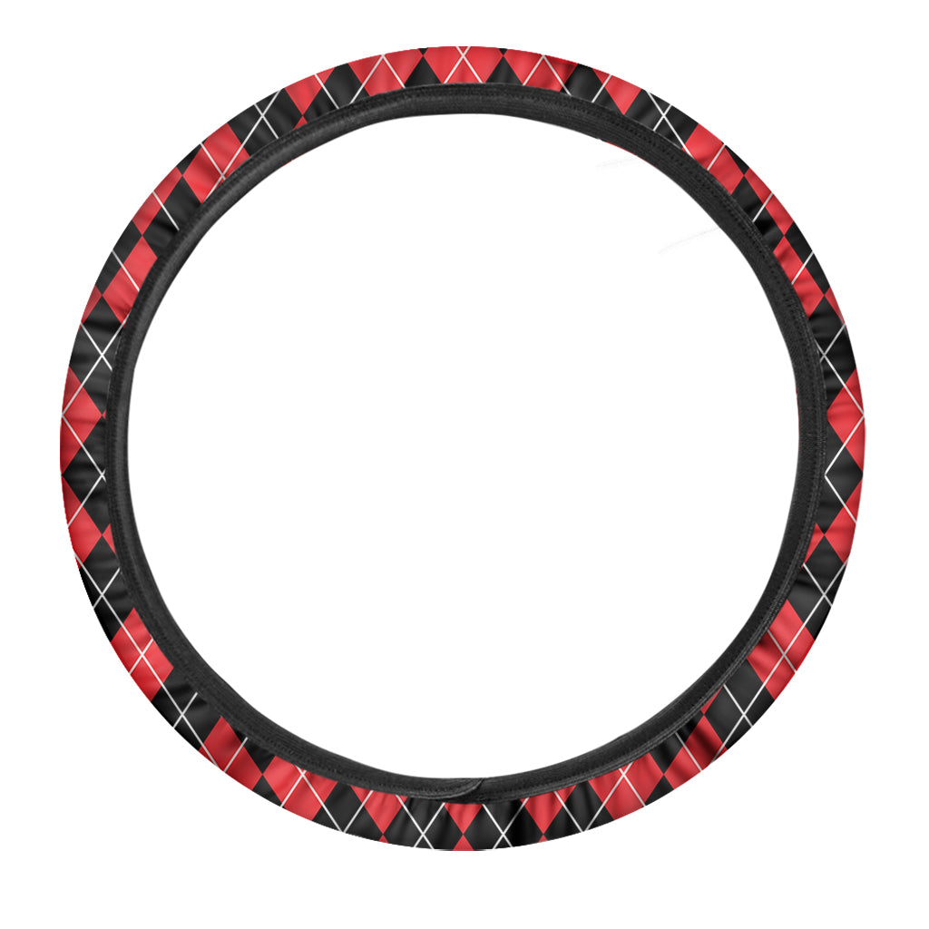 Black And Red Argyle Pattern Print Car Steering Wheel Cover