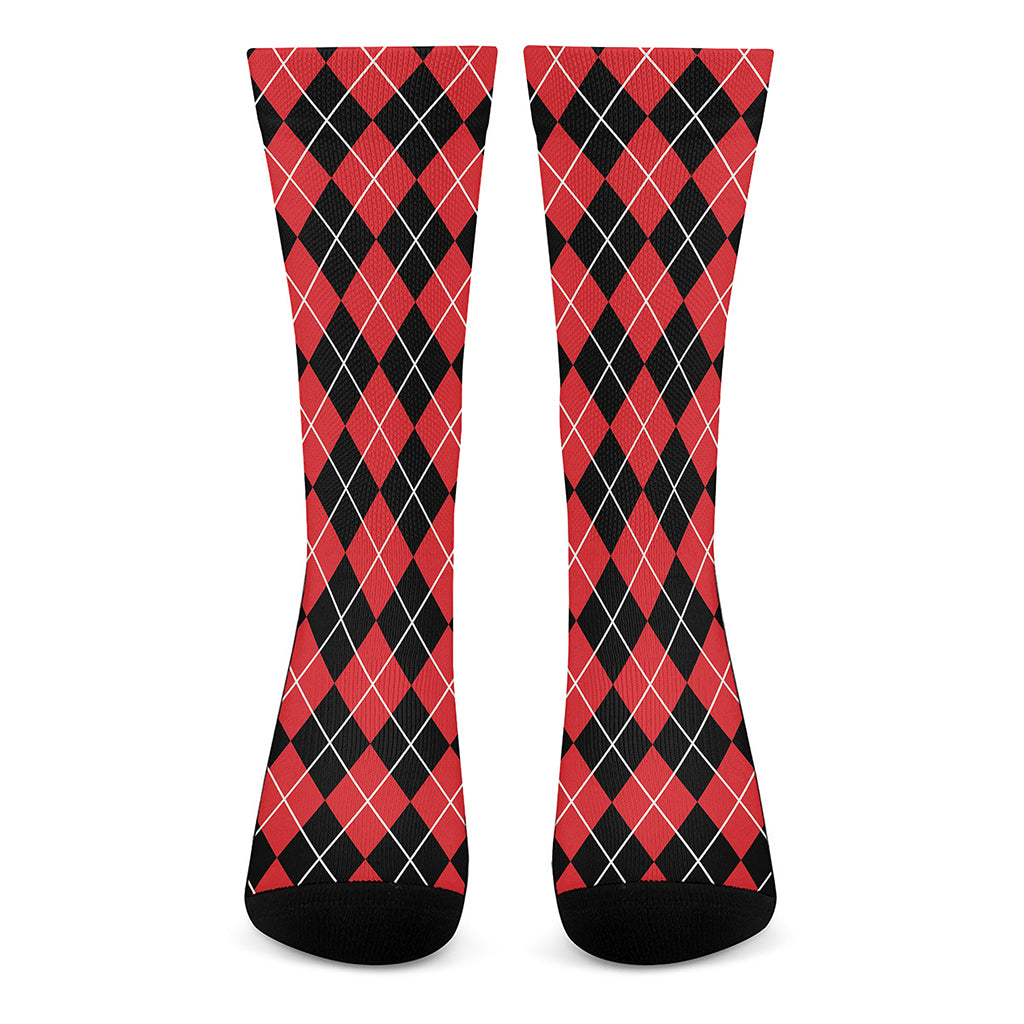 Black And Red Argyle Pattern Print Crew Socks