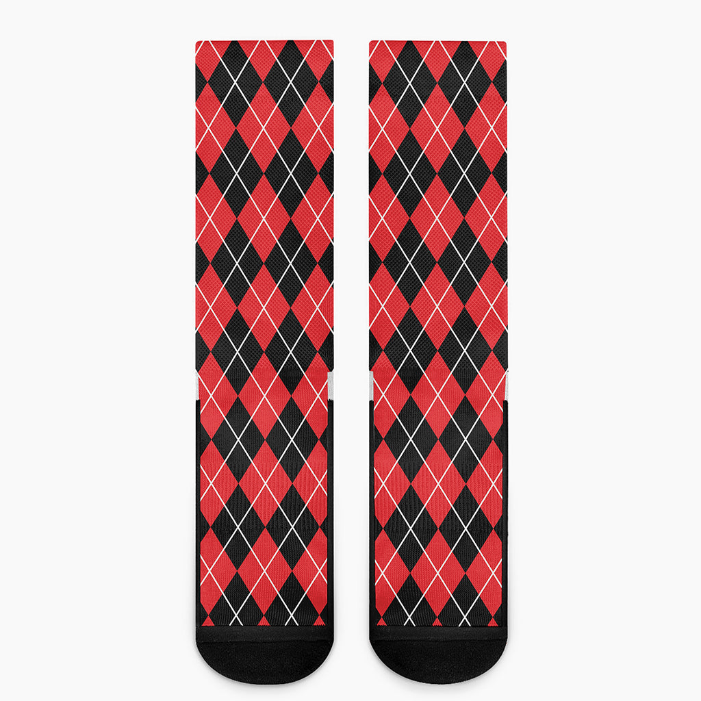 Black And Red Argyle Pattern Print Crew Socks