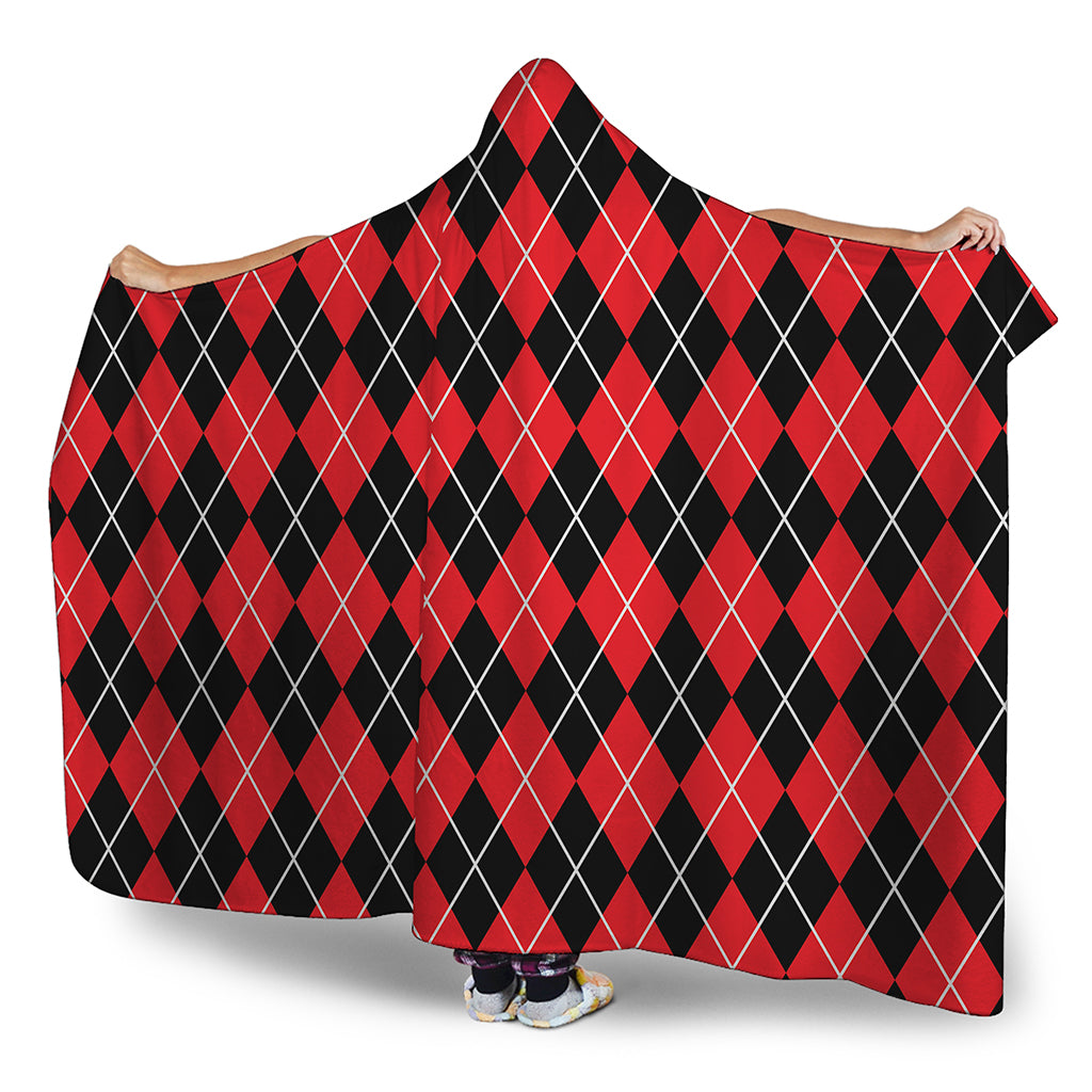 Black And Red Argyle Pattern Print Hooded Blanket