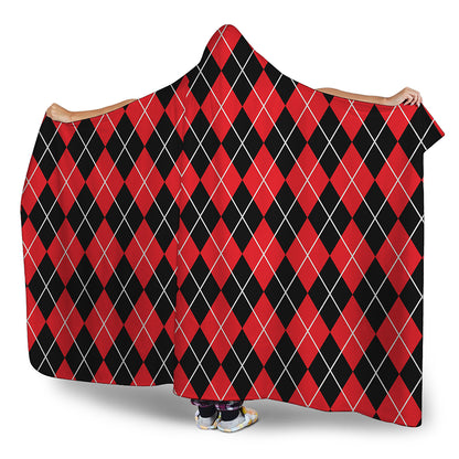 Black And Red Argyle Pattern Print Hooded Blanket