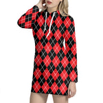 Black And Red Argyle Pattern Print Hoodie Dress