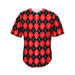 Black And Red Argyle Pattern Print Men's Baseball Jersey